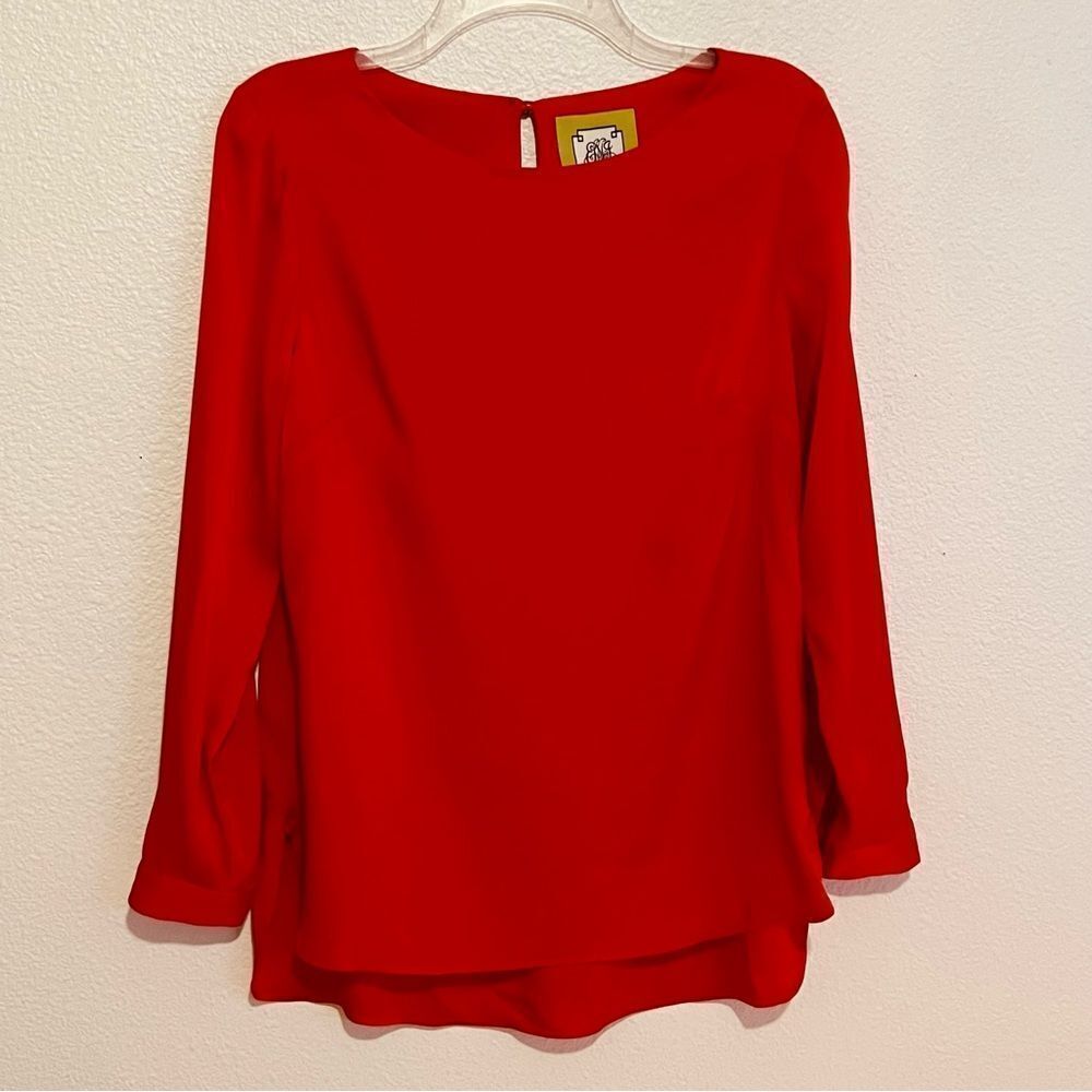 Elizabeth McKay 100% Silk Red Bateau Neck Long Sleeve LS Sleeve Popover Top S